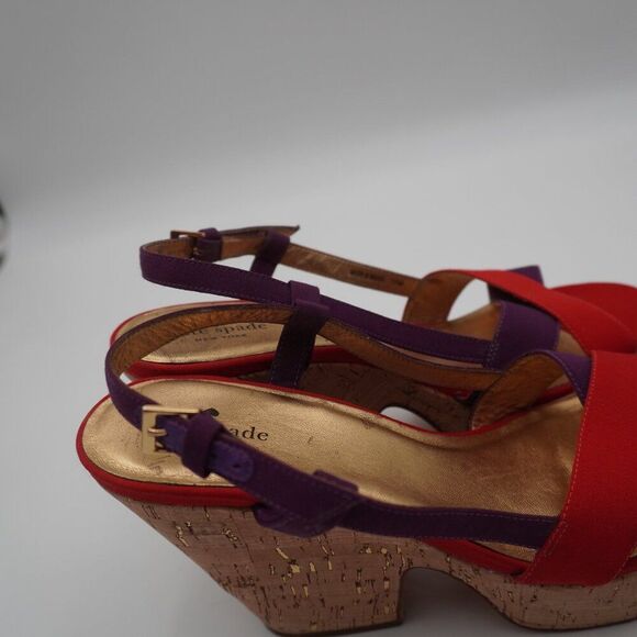 Kate Spade Penny Sandals Wedge Block Heels Red Purple Canvas Cork  Size 10M - Picture 4 of 7
